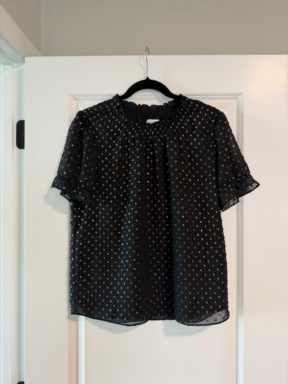 J. Crew Black Short Sleeve Blouse with Gold Dot Print